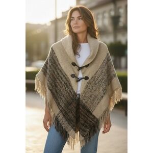 Coco + Carmen Tan Poncho Knit Fringe Toggle Wrap